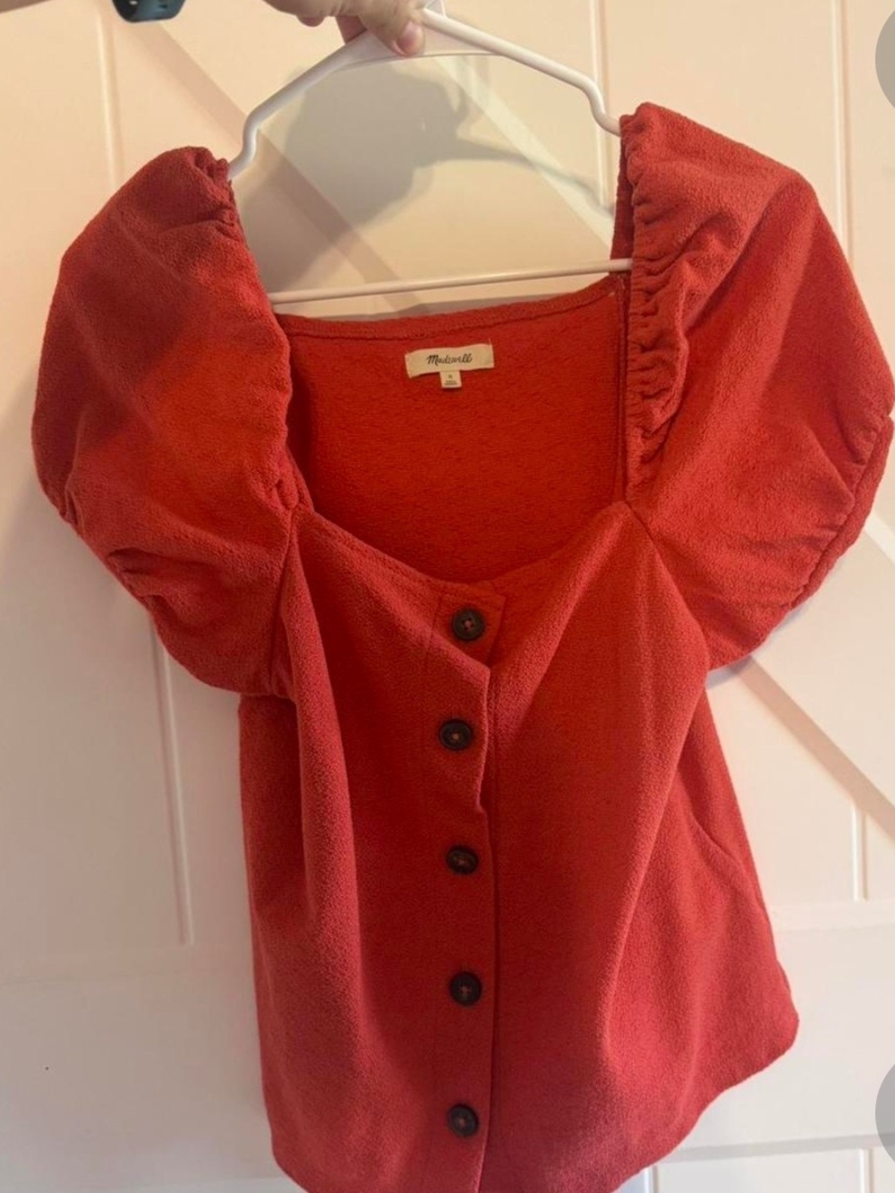 Madewell Coral Red Puff-Sleeve Button Front Top